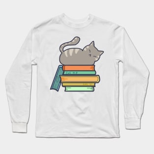 cute sleepy cat in books Long Sleeve T-Shirt